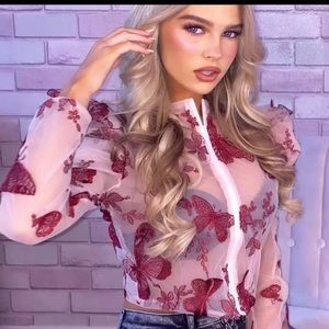 Butterfly Embroidery See Through Mesh Blouse